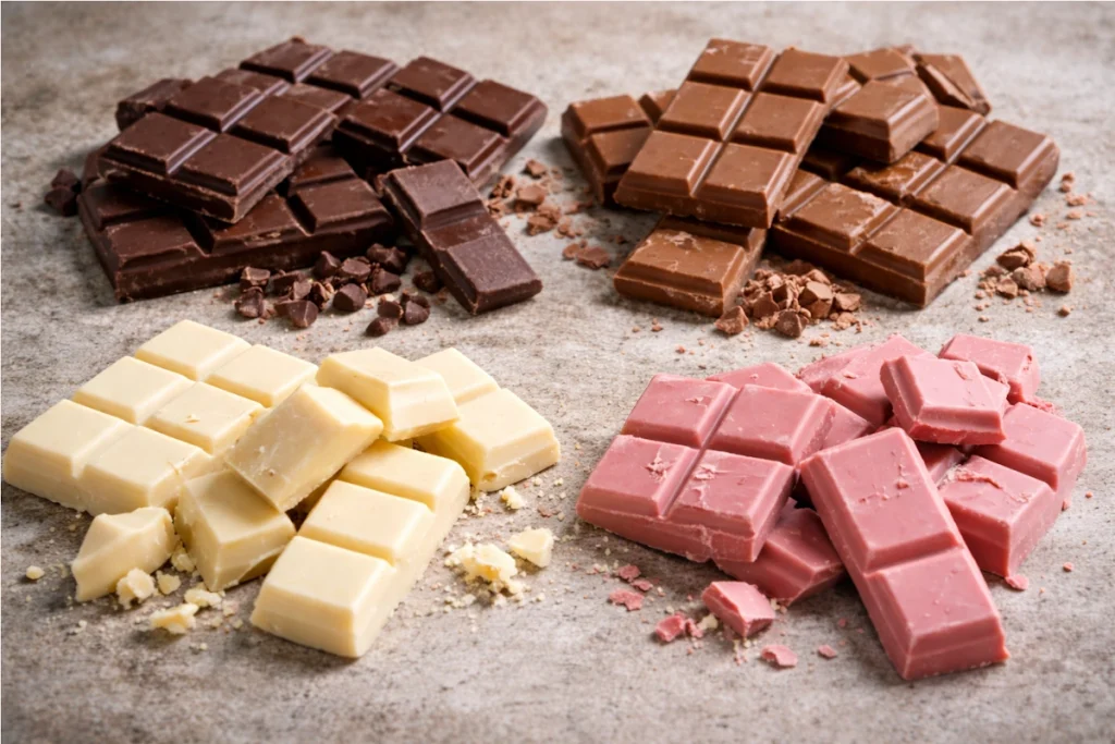 Skillnaden mellan mörk, mjölk, rosa och vit choklad